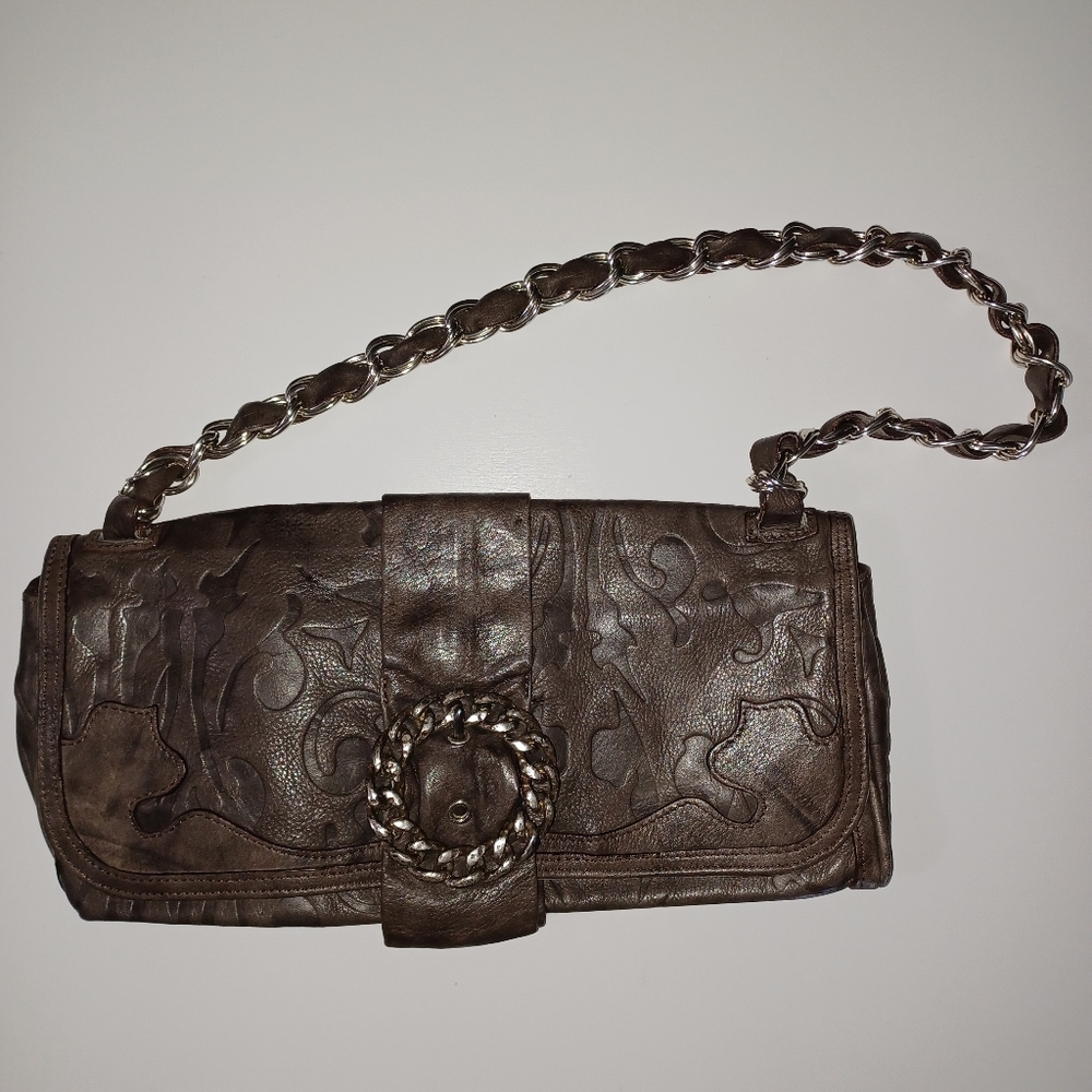 Falor Italia Grey Italian leather with filigree paisley pattern shoulder purse